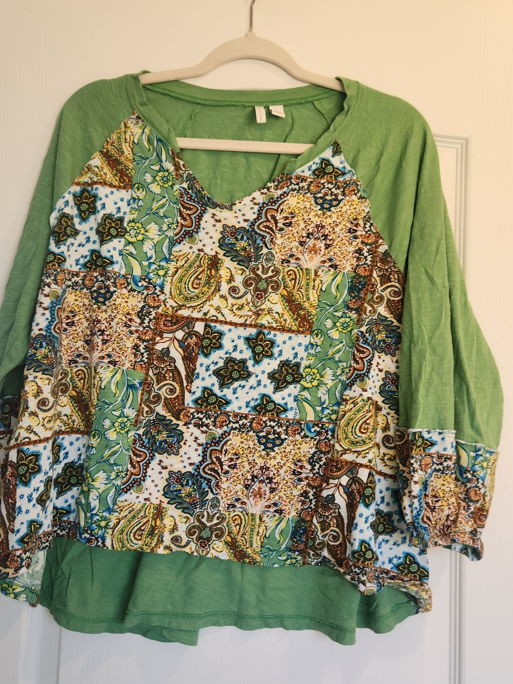 Cato Green Patchwork V-Neck Long Sleeve Top L EUC